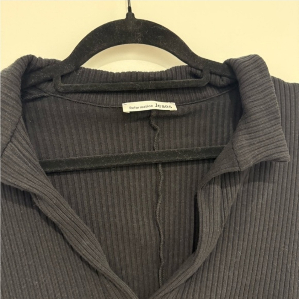 Reformation Black Polo Collar Fitted Bodysuit Size Large Long Sleeve - Picture 3 of 3
